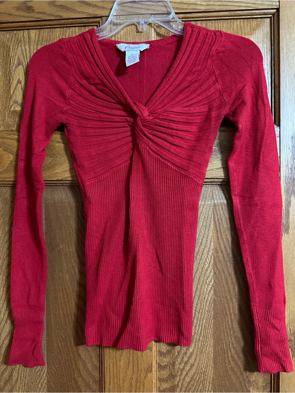 Candie's Red Knot-Front Ribbed Long Sleeve Top
